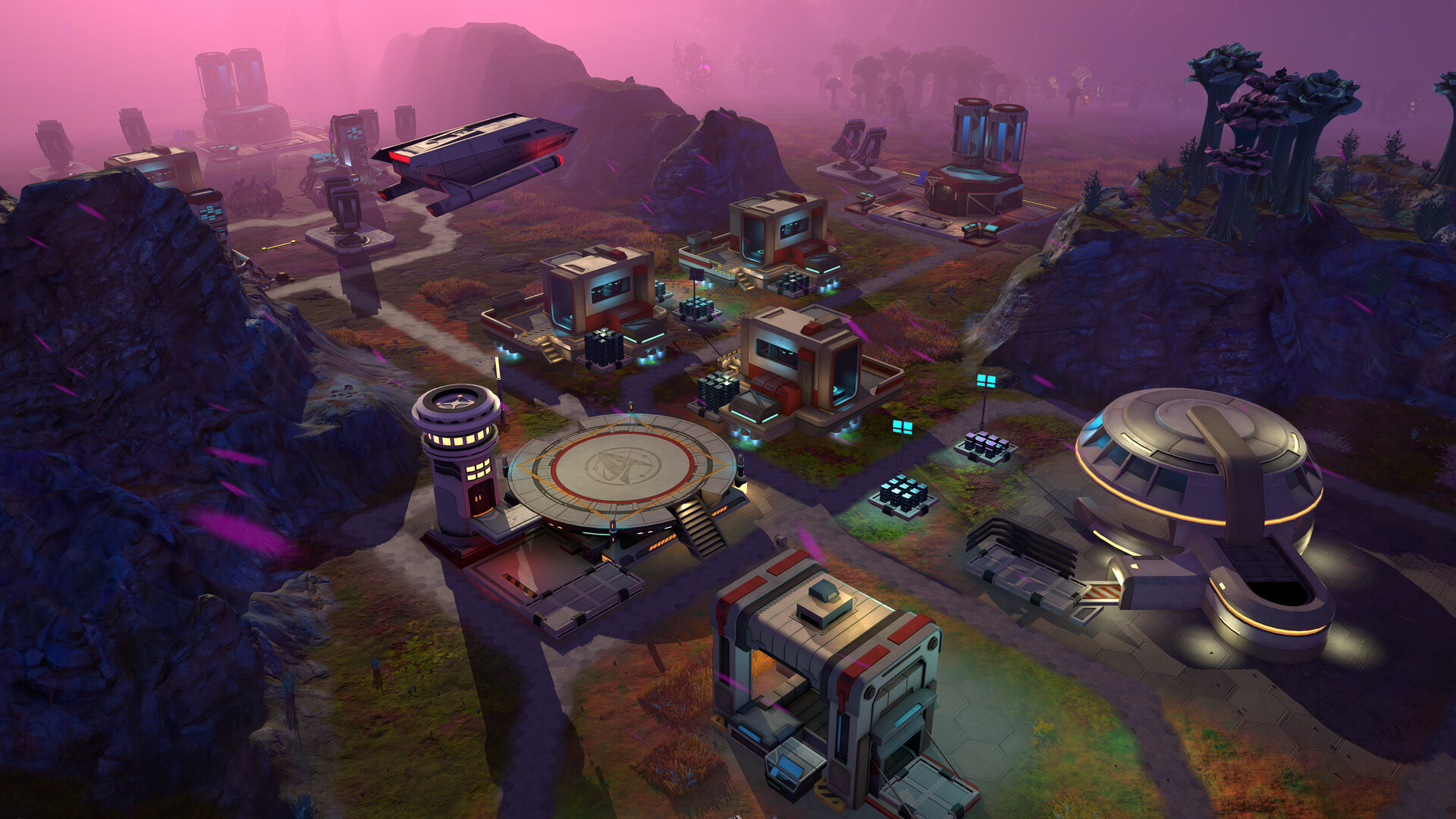 Outposts Unknown screenshot of a Starfleet outpost with domed buildings and a landing pad under a pink sky.