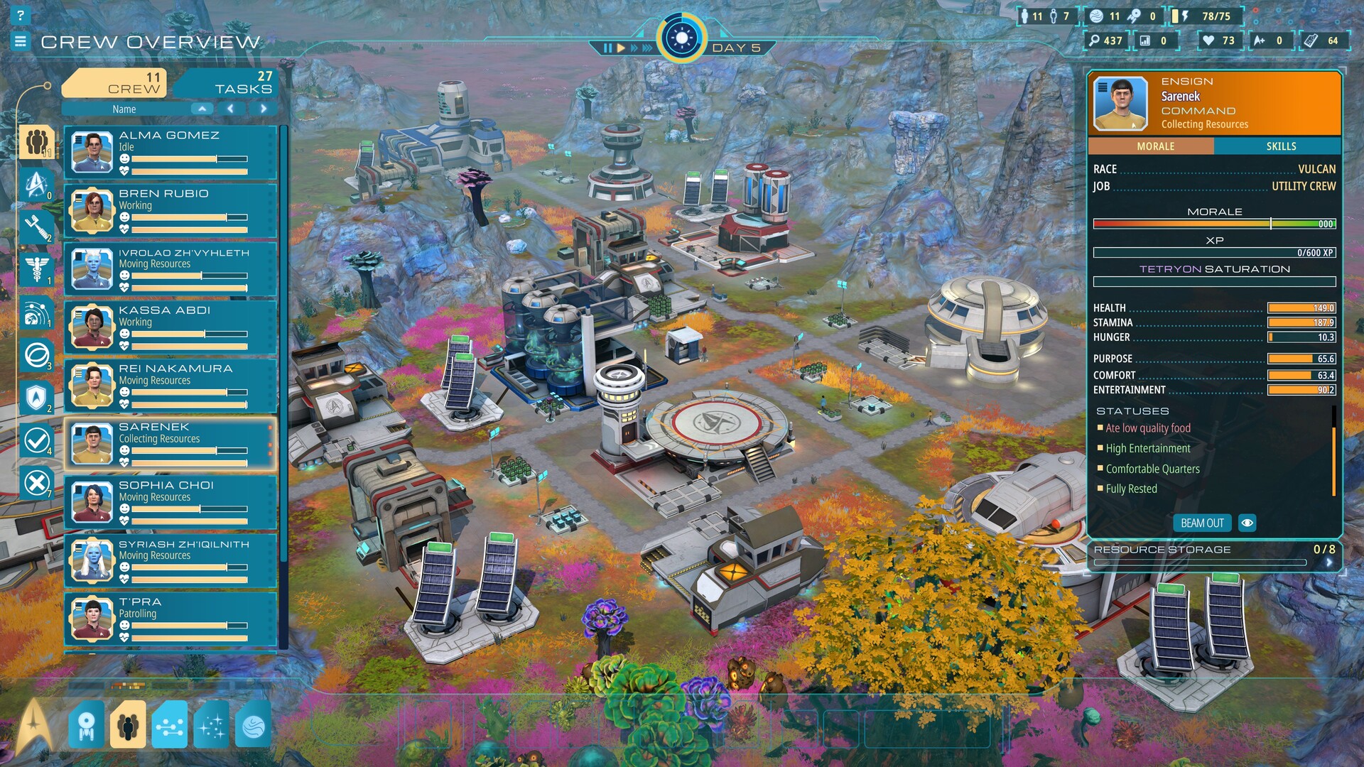 Outposts Unknown screenshot of the build interface over a dense outpost with a crew panel open.