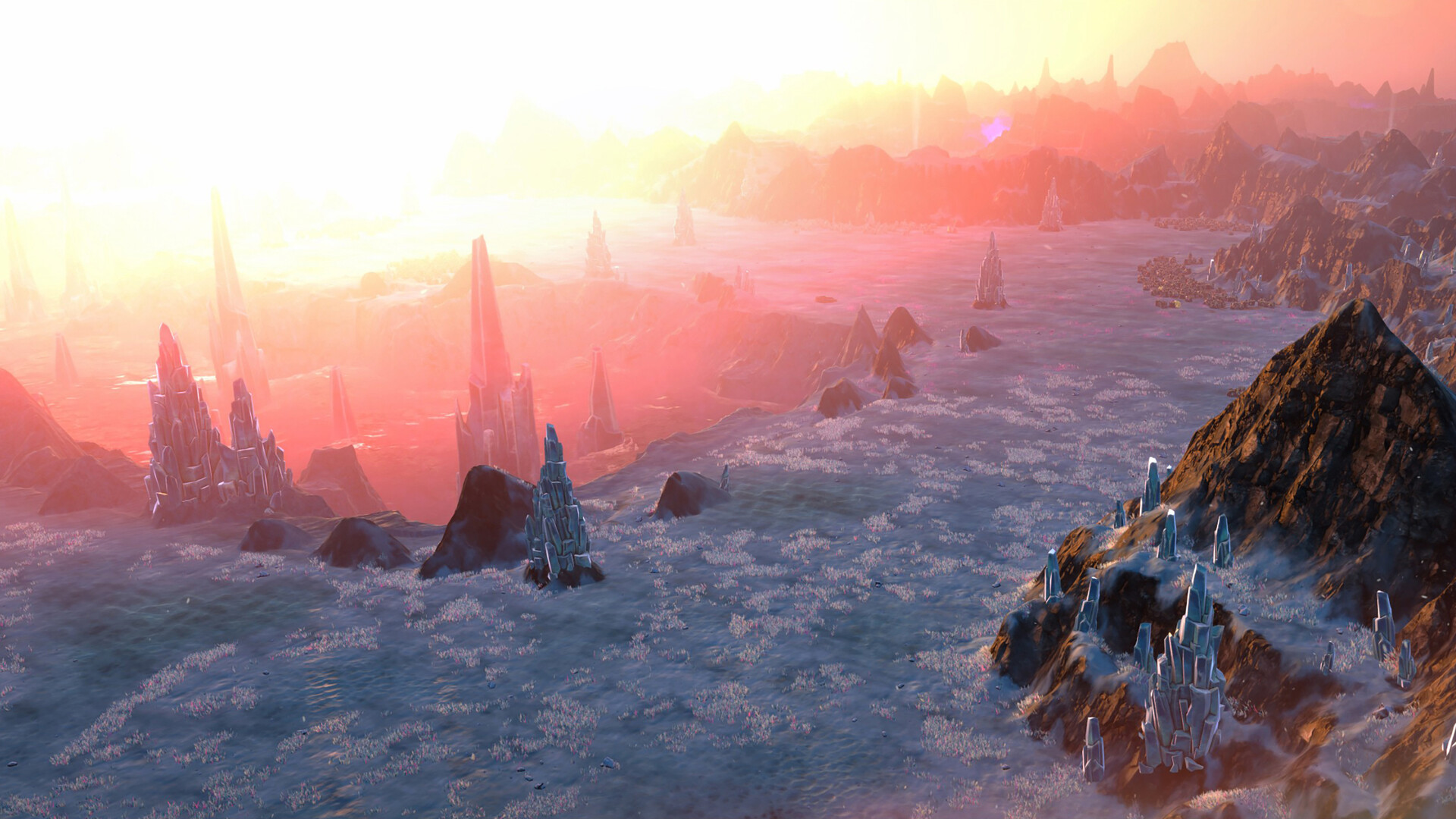 Outposts Unknown screenshot of a frozen sea with crystal spires at sunset.