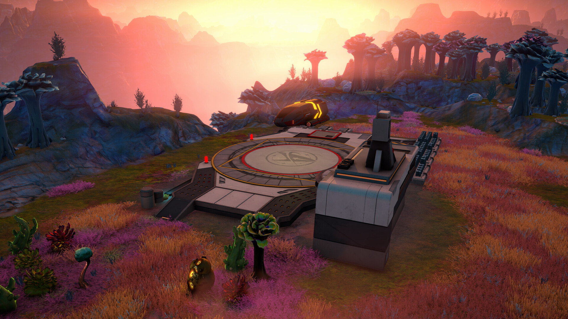 Outposts Unknown screenshot of a small landing pad on a grassy plateau.