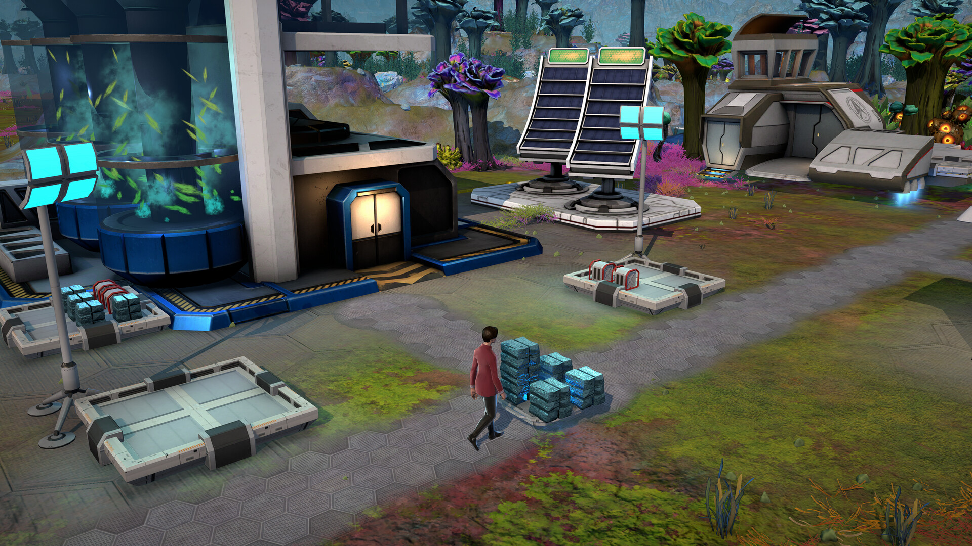 Outposts Unknown screenshot of a crew member in a red uniform walking past storage crates.
